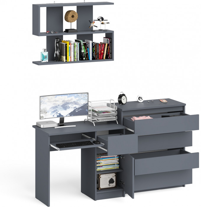 Мори Стол компьютерный МС-1 правый + Комод МК800.4 + Полка 900, цвет графит, ШхГхВ 170,4х50х209,6 см., НЕ универсальная сборка