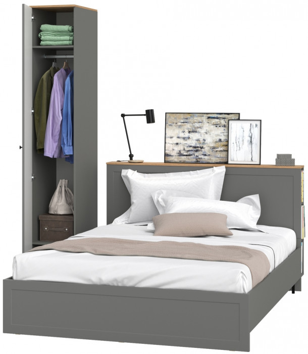Остин 11.53 Кровать + ортопед + 13.225 Шкаф-пенал, серый графит/дуб крафт золотой