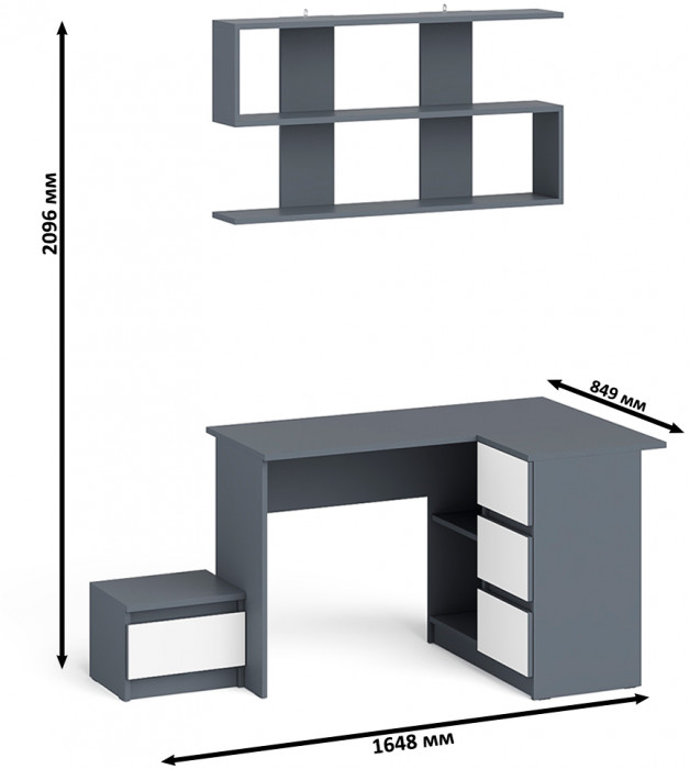 Мори Стол компьютерный МС-16 правый + Тумба ТМП400.1 + Полка 1200, цвет графит/белый, ШхГхВ 164,8х84,9х209,6 см., НЕ универсальная сборка