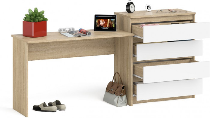 Мори Стол письменный МСП1200.1 + Комод МК800.4, цвет дуб сонома/белый, ШхГхВ 200,8х50х94 см., универсальная сборка