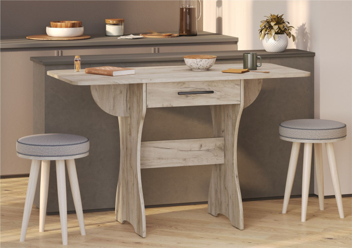 Стол обеденный раскладной с ящиком 6-02.120ТМдкс, цвет дуб крафт серый, ШхГхВ 120х57х75 см., 60х57х75 см. сложенный