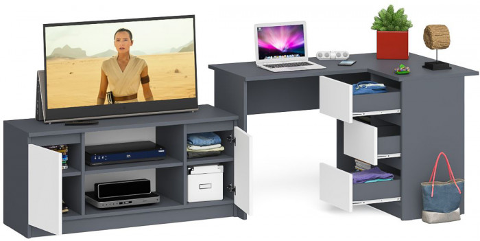 Мори Стол компьютерный МС-16 правый + Тумба МТВ1200.1, цвет графит/белый, ШхГхВ 244,8х84,9х76,6 см., выдвижные ящики справа, НЕ универсальная сборка