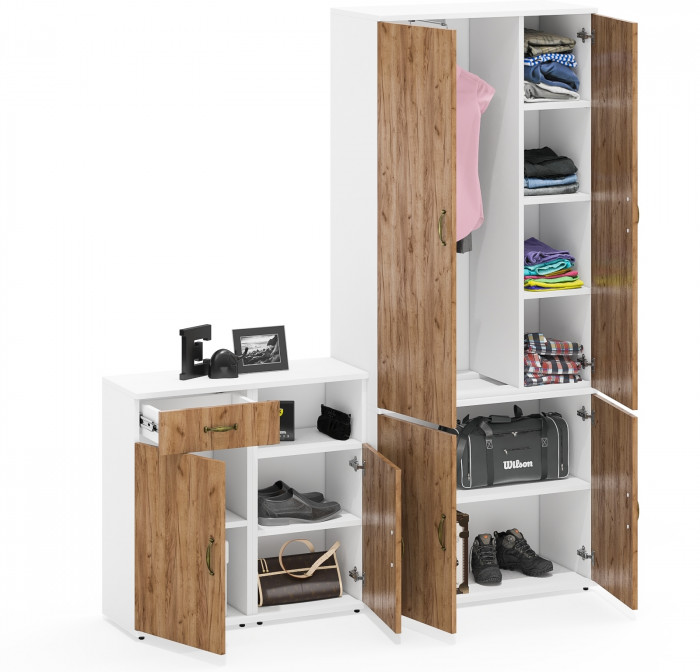 Лидер-8 Шкаф МД 20Б + Тумба МД 3.15 + Тумба МД 3.19, белый шагрень/крафт золото