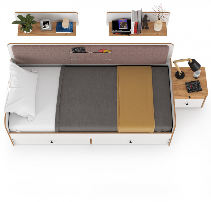 Вуди Компоновка № 34, цвет белый премиум/дуб крафт золотой/саванна латте, сп. м. 900х2000 мм., б/м, основание есть, матрас высотой до 200 мм.