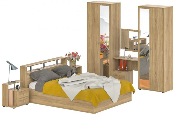 Камелия спальня № 2 Кровать 1600 + Две тумбы + Стол косметич. + Зеркало + Шкаф 4-х, цвет дуб сонома, сп.м. 1600х2000 мм., б/м, осн. есть