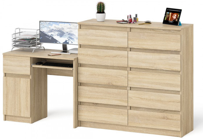 Мори Стол компьютерный МС-1 левый + Комод МК1200.10, цвет дуб сонома, ШхГхВ 210,4х50х115 см., выдвижной ящик слева, НЕ универсальная сборка