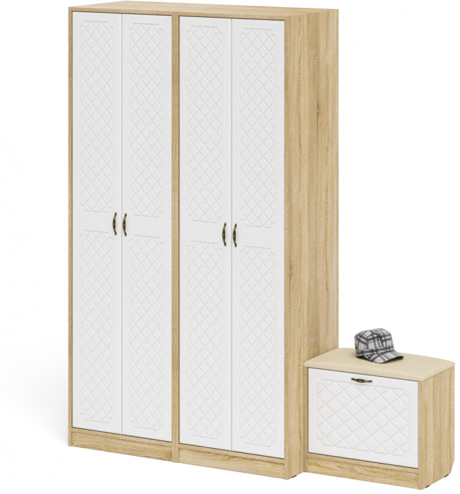 Прихожая П-6 Компоновка № 07, дуб сонома/фасады МДФ белое дерево фрезеровка ромб