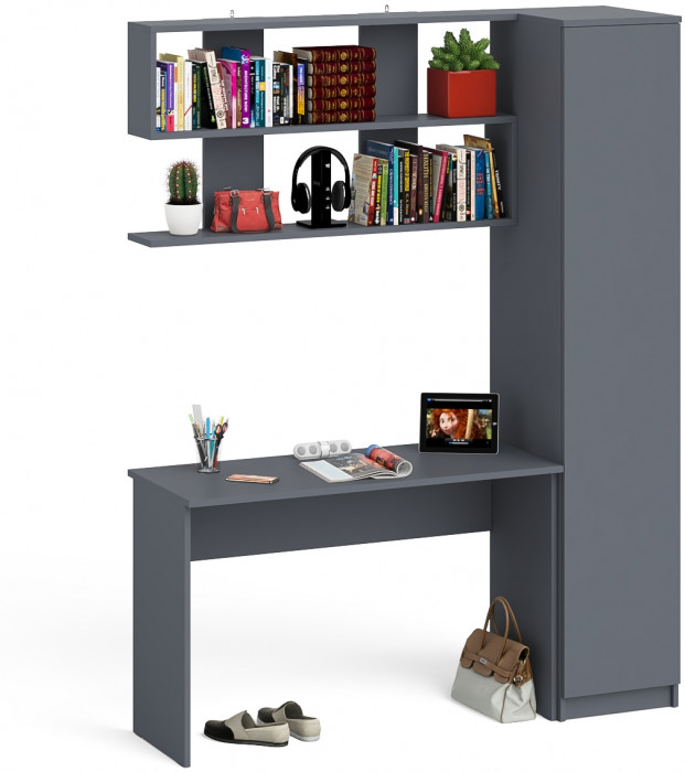 Мори Стол письменный МСП1200.1 + Пенал МШ400.1 + Полка 1200, цвет графит, ШхГхВ 160,8х50,4х209,6 см., универсальная сборка
