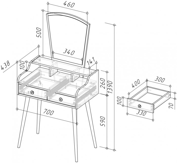 Трюмо 4-25913бел, цвет белый, ШхГхВ 70х43,8х139 см.