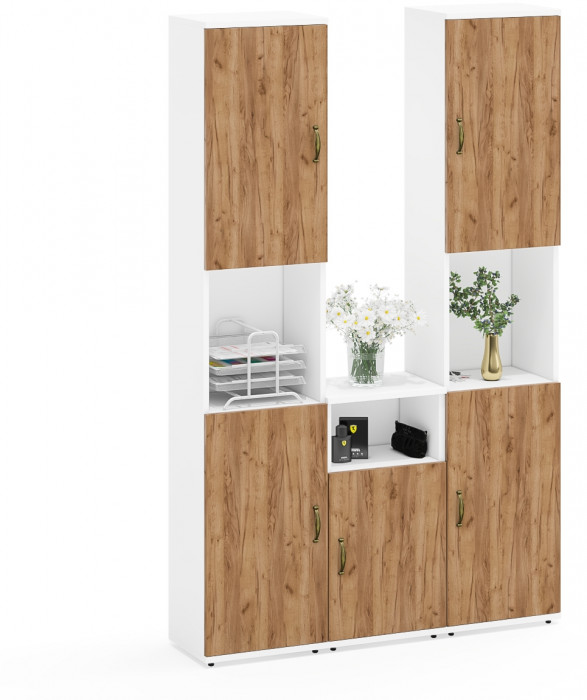 Лидер-8 Пенал + Пенал + Тумба МД 3.19, цвет белый шагрень/крафт золото, ШхГхВ 120х30х190 см., универсальная сборка