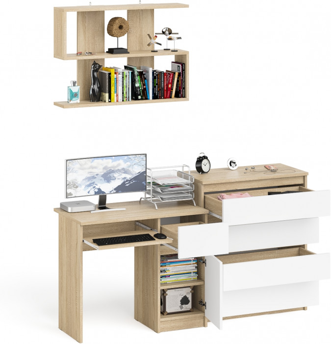Мори Стол компьютерный МС-1 правый + Комод МК800.4 + Полка 900, цвет дуб сонома/белый, ШхГхВ 170,4х50х209,6 см., НЕ универсальная сборка