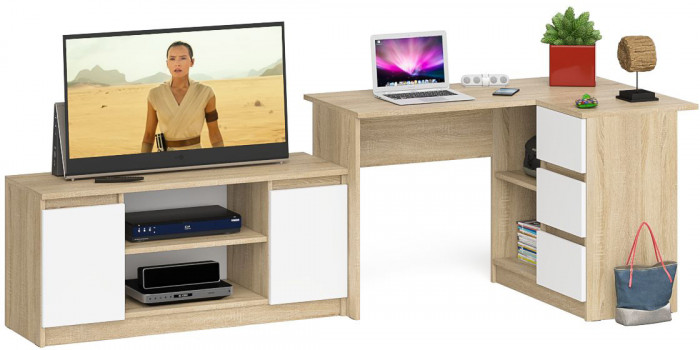 Мори Стол компьютерный МС-16 правый + Тумба МТВ1200.1, цвет дуб сонома/белый, ШхГхВ 244,8х84,9х76,6 см., выдвижные ящики справа, НЕ универс. сборка