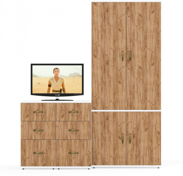 Лидер-8 Шкаф МД 20Б + Тумба МД 3.16 + Тумба МД 3.16, белый шагрень/крафт золото