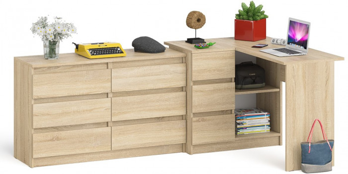 Мори компьютерный стол МС-16 левый + Комод МК1200.6, дуб сонома