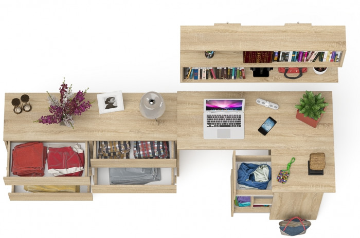 Мори компьютерный стол МС-16 правый + Комод МК1380.6 + Полка 1200, дуб сонома