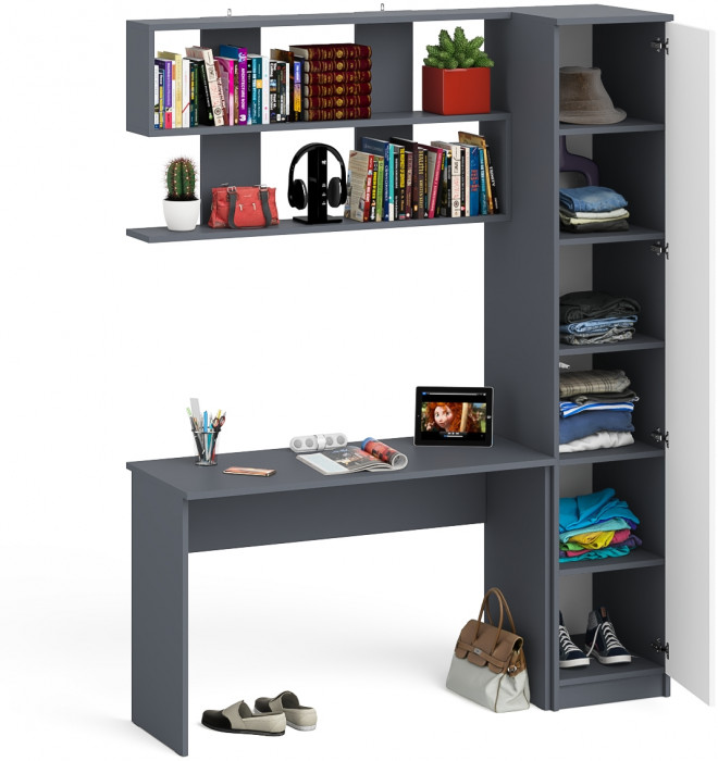 Мори Стол письменный МСП1200.1 + Пенал МШ400.1 + Полка 1200, цвет графит/белый, ШхГхВ 160,8х50,4х209,6 см., универсальная сборка