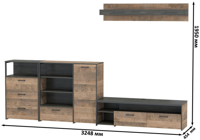 Трувор Гостиная 012, цвет дуб гранж песочный/интра, ШхГхВ 324,8х45,4х195 см., универсальная сборка