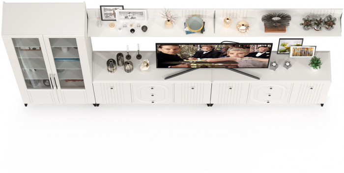 Валенсия Гостиная № 121, цвет ЛДСП белый шагрень/МДФ белый шагрень, ШхГхВ 350,4х38,4х225,2 см., универсальная сборка