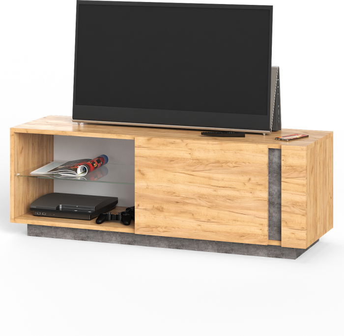 КР100 ??? Арчи Тумба 10.85, цвет дуб крафт золотой/камень тёмный, ШхГхВ 130х41,3х46,1 см., подсветка за стеклом по торцу полки, универсальная сборка