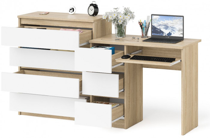 Мори компьютерный стол МС-6 левый + Комод МК800.4, дуб сонома/белый