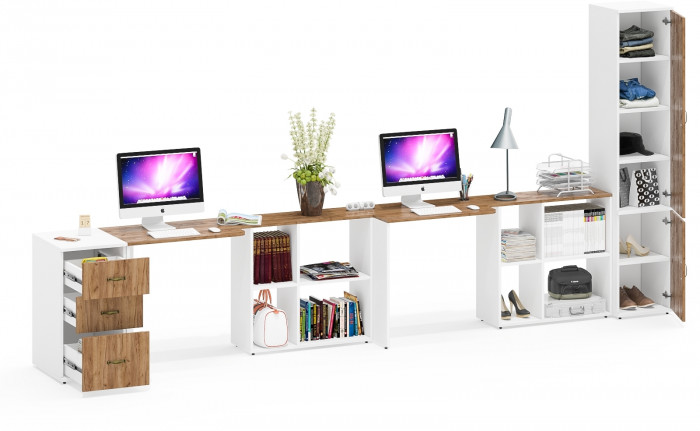 Лидер-8 Стол + Стол + Пенал МД 22Б + Тумба МД 3.16, цвет белый шагрень/крафт золото, ШхГхВ 410х50/37,5х75/190 или 270х120/50х75/190 см., НЕ ун. сб.