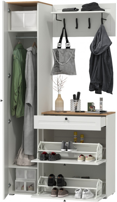 Остин Прихожая 23, цвет белый шагрень/дуб крафт золотой, ШхГхВ 120х54,3х229,6 см., универсальная сборка