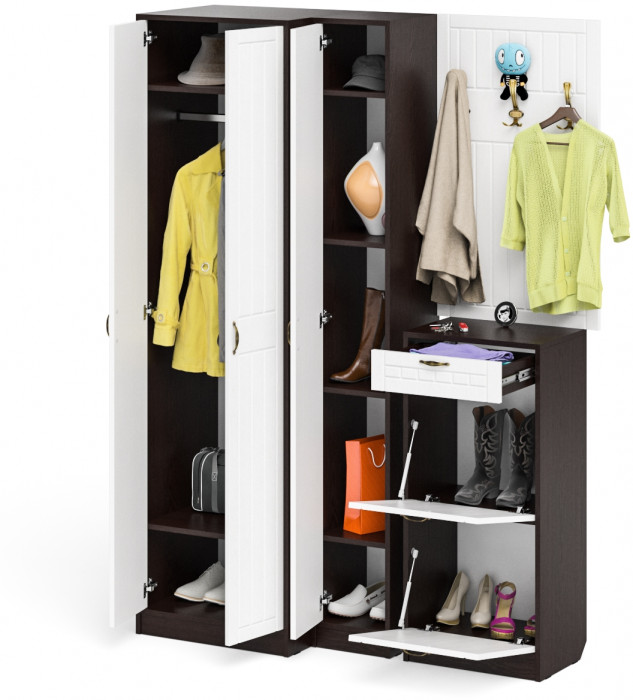 Прихожая П-6 Компоновка № 30, цвет венге/фасады МДФ белое дерево фрезеровка прованс, ШхГхВ 150х50х210 см., универсальная сборка