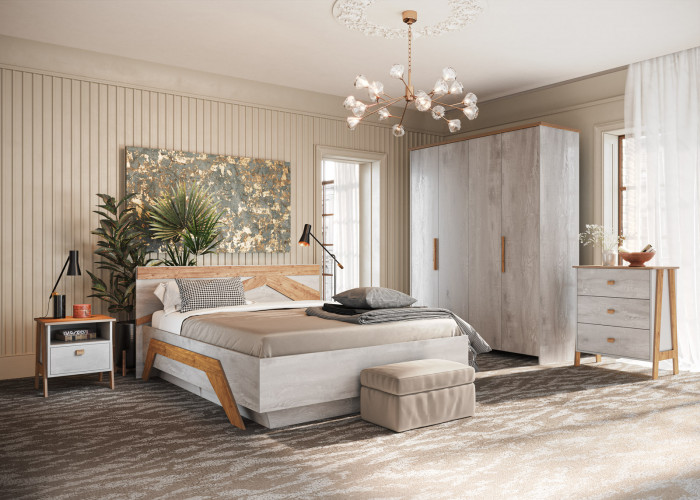 Кровать двуспальная 160х200 "Скандинавия" с щитовым основанием - Бетон пайн светлый/Дуб наварра