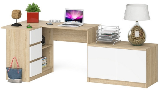 Мори Стол компьютерный МС-16 левый + Тумба МА900.1, цвет дуб сонома/белый, ШхГхВ 214,8х84,9х76,6 см., выдвижные ящики слева, НЕ универсальная сборка