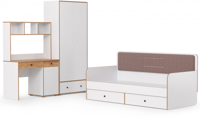 Вуди Компоновка № 38, цвет белый премиум/дуб крафт золотой/саванна латте, сп. м. 900х2000 мм., б/м, основание есть, матрас высотой до 200 мм.