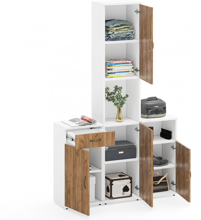 Лидер-8 Пенал + Тумба МД 3.15 + Тумба МД 3.19, цвет белый шагрень/крафт золото, ШхГхВ 120х30х190 см., универсальная сборка