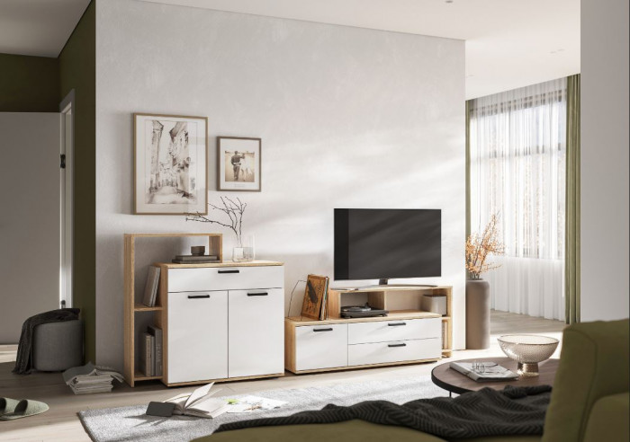 САНСА ТВ-01 Тумба под ТВ Фасад БЕЛЫЙ/Корпус ДУБ СОНОМА