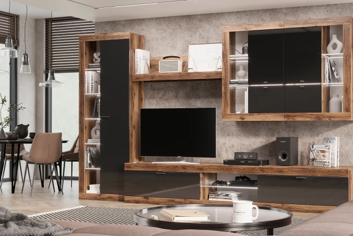 Прага Модульная Гостиная, вариант №2, Дуб Делано/Черный глянец