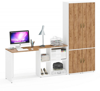 Лидер-8 Стол + Пенал МД 21Б + Пенал МД 21Б, цвет белый шагрень/крафт золото, ШхГхВ 245х50/37,5х75/190 или 115х160/50х75/190 см., НЕ ун. сборка