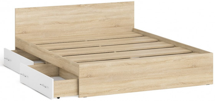 Мори Кровать с ящиками 1600, цвет дуб сонома/белый, ШхГхВ 163,5х203,5х70 см., сп.м. 1600х2000 мм., без матраса, основание есть