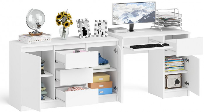 Мори Стол компьютерный МС-1 правый + Комод МК1200.3, цвет белый, ШхГхВ 210,4х50х76,6 см., выдвижной ящик справа, НЕ универсальная сборка