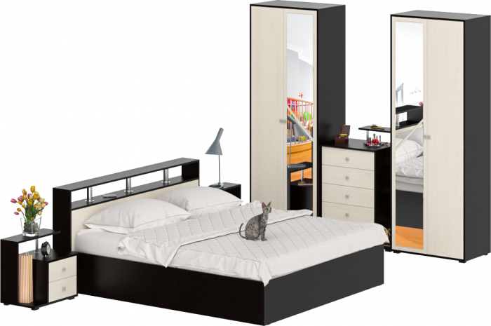 Камелия спальня № 4 Кровать 1800 + Две тумбы + Комод + Шкаф 4-х створчатый, венге/дуб лоредо