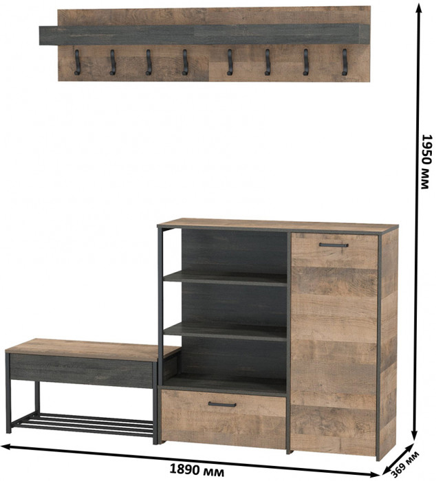 Трувор Прихожая 184, цвет дуб гранж песочный/интра, ШхГхВ 189х36,9х195 см., универсальная сборка