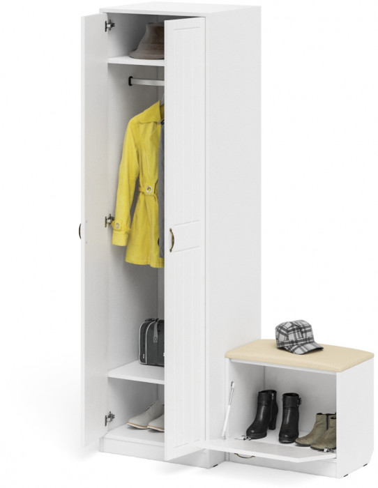 Прихожая П-6 Компоновка № 10, белая шагрень/фасады МДФ белое дерево фрезеровка прованс