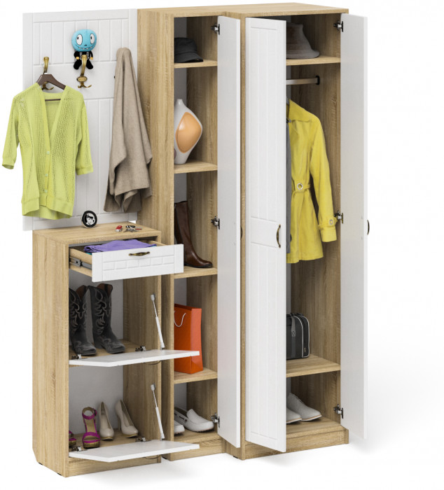 Прихожая П-6 Компоновка № 30, дуб сонома/фасады МДФ белое дерево фрезеровка прованс