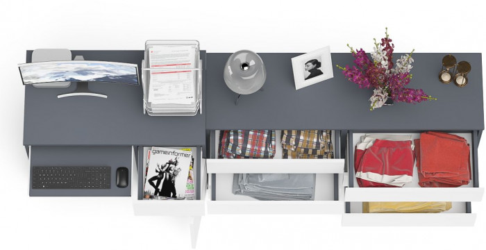 Мори компьютерный стол МС-1 правый + Комод МК1380.6, графит/белый