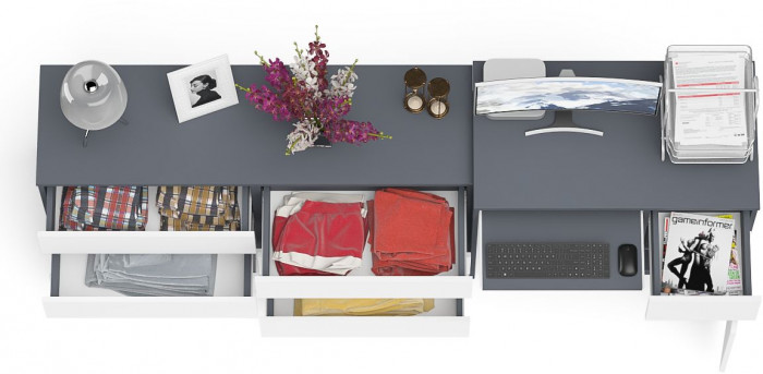 Мори компьютерный стол МС-1 правый + Комод МК1380.6, графит/белый