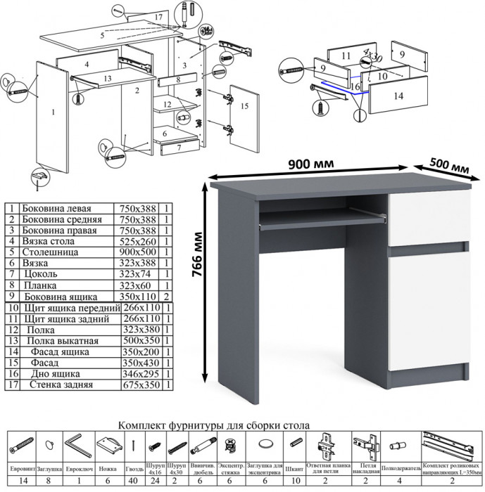 Мори компьютерный стол МС-1 правый + Комод МК1380.6, графит/белый