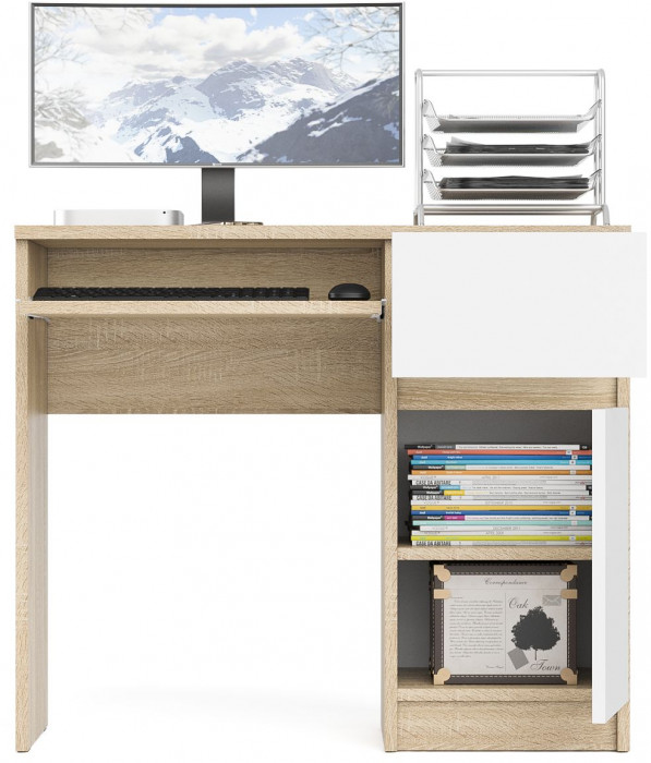 Мори Стол компьютерный МС-1 правый, цвет дуб сонома/белый, ШхГхВ 90х50х76,6 см., выдвижной ящик справа, НЕ универсальная сборка