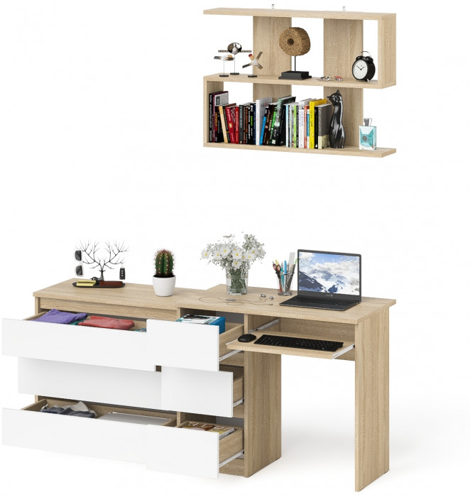 Мори Стол компьютерный МС-6 левый + Комод МК800.1 + Полка 900, цвет дуб сонома/белый, ШхГхВ 170,4х50х209,6 см., НЕ универсальная сборка