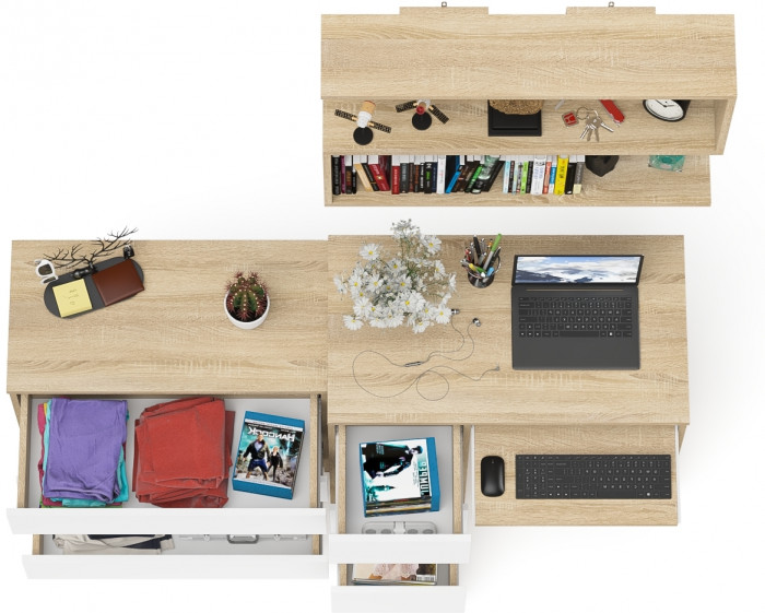 Мори Стол компьютерный МС-6 левый + Комод МК800.1 + Полка 900, цвет дуб сонома/белый, ШхГхВ 170,4х50х209,6 см., НЕ универсальная сборка