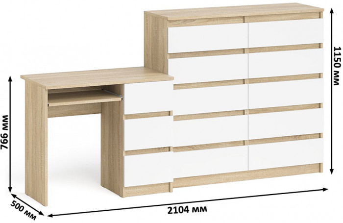 Мори Стол компьютерный МС-6 правый + Комод МК1200.10, цвет дуб сонома/белый, ШхГхВ 210,4х50х115 см., выдвижные ящики справа, НЕ универсальная сборка