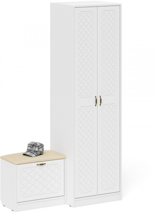 Прихожая П-6 Компоновка № 10, белая шагрень/фасады МДФ белое дерево фрезеровка ромб