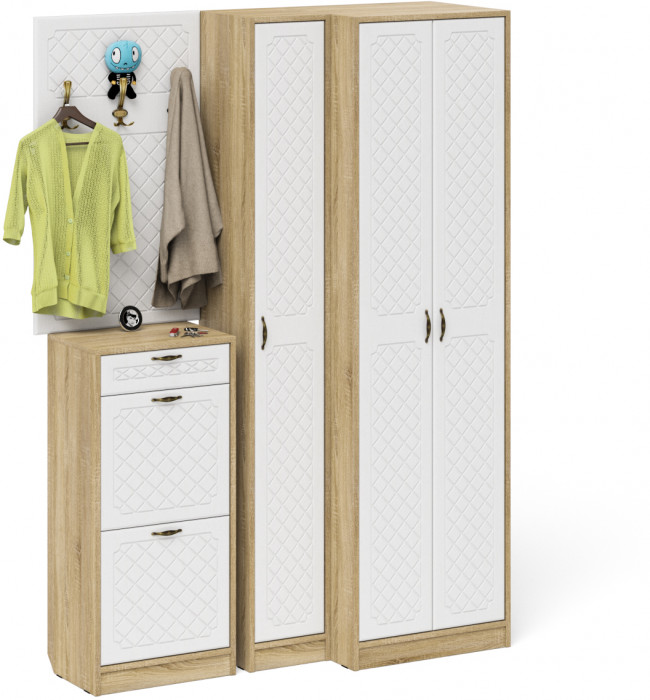 Прихожая П-6 Компоновка № 30, дуб сонома/фасады МДФ белое дерево фрезеровка ромб