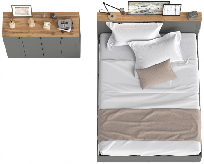 Остин 11.53 Кровать + ортопед + 16.221 Комод, серый графит/дуб крафт золотой